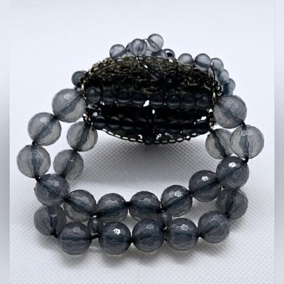 Black Stretch Bracelet with Rhinestones on Smoky Acrylic Beads - Picture 5 of 6
